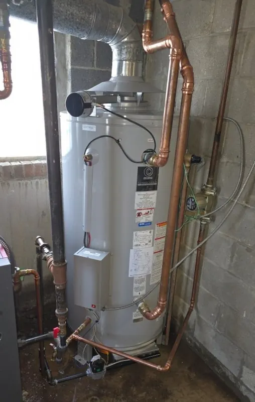 Commercial gas water heater with new copper piping and gas connection