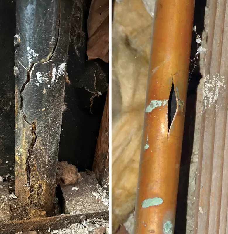 Cracked cast-iron drain pipe and a copper pipe with a pinhole leak