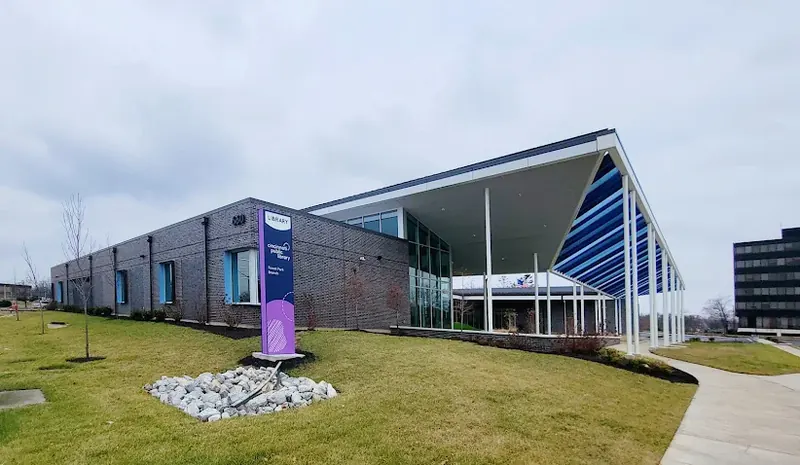 Forest Park Branch of the Cincinnati Public Library, a modern building with a blue canopy