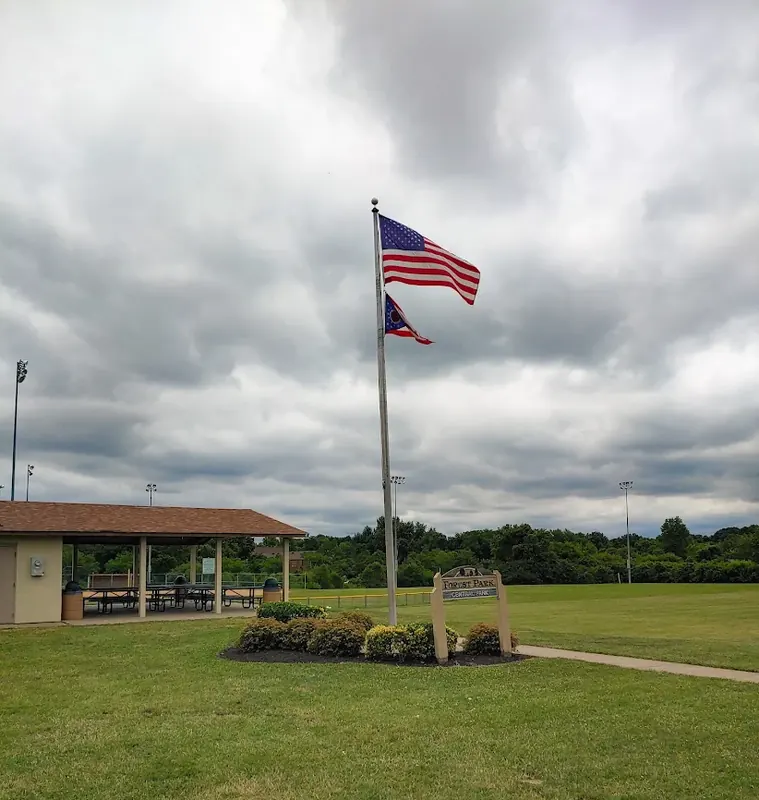 Forest Park Central Park with a flagpole, picnic shelter and park sign