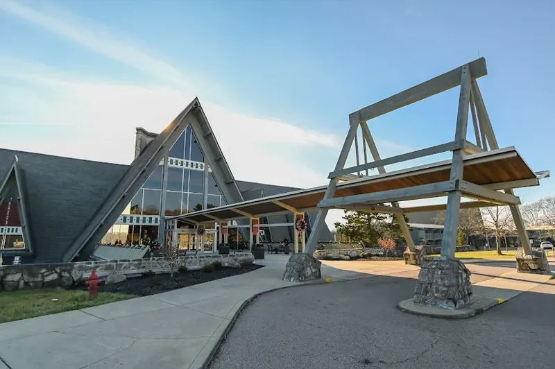 A-frame entrance of the Hueston Woods Lodge near Oxford
