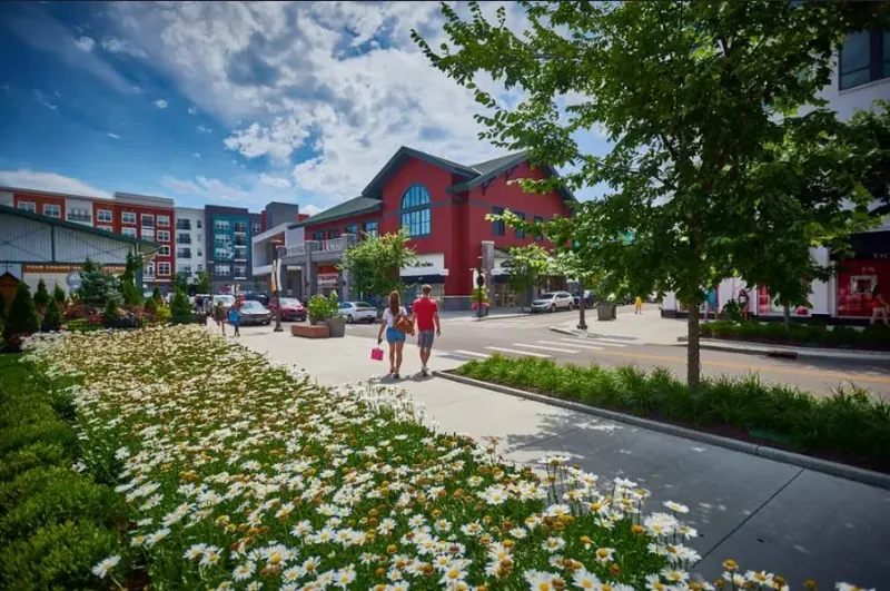 Sunny street at Liberty Center in Liberty Township lined with white daisies and shops
