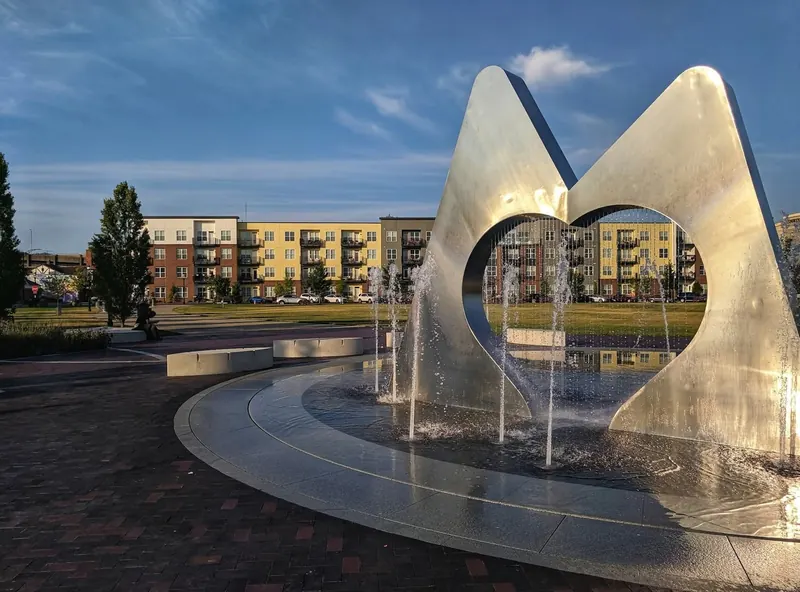 Stainless steel heart-shaped fountain at Marcum Park in Hamilton