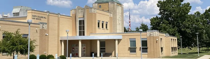 North College Hill High School, a tan brick building with a central tower
