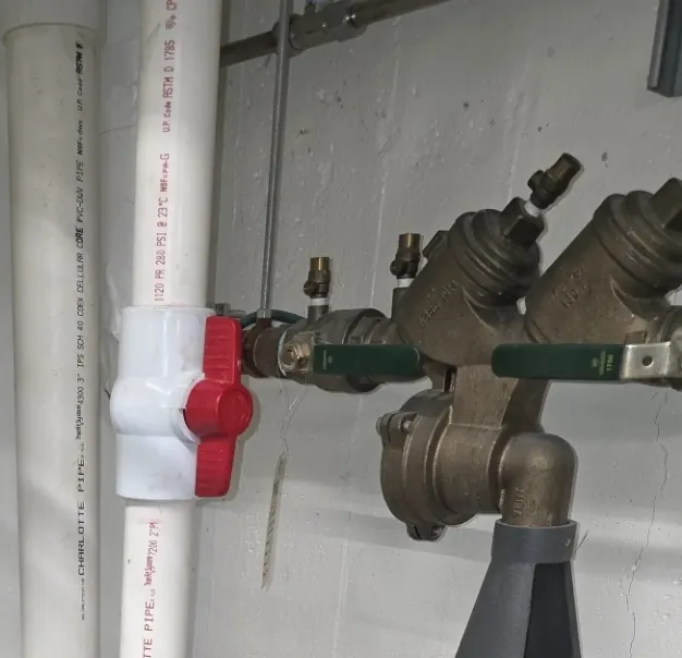 Reduced pressure zone backflow preventer with green ball valves and an air gap drain