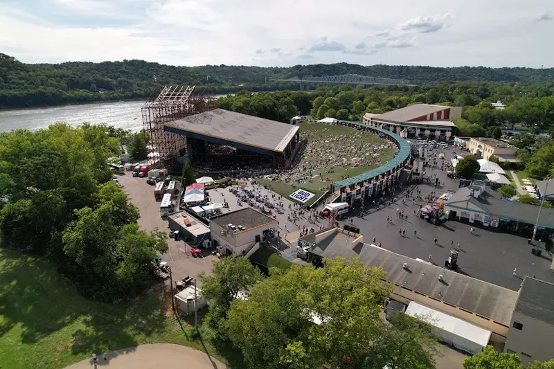 Aerial view of Riverbend Music Center beside the Ohio River during a concert