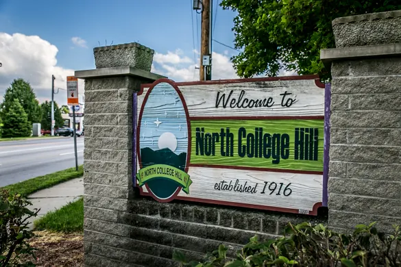 Welcome to North College Hill, established 1916 sign on a stone and brick monument